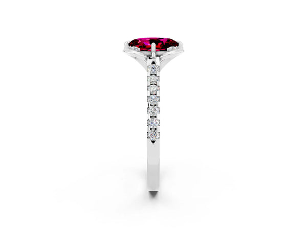 White gold Oval Cut Garnet Ring with Pavé Band and Floral Prong Setting