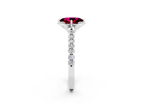 White gold Oval Cut Garnet Ring with Pavé Band and Floral Prong Setting_2