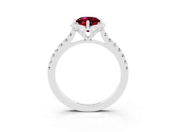 Silver Oval Cut Garnet Ring with Pavé Band and Floral Prong Setting