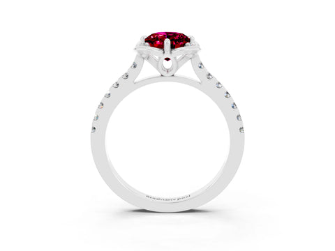 White gold Oval Cut Garnet Ring with Pavé Band and Floral Prong Setting_3