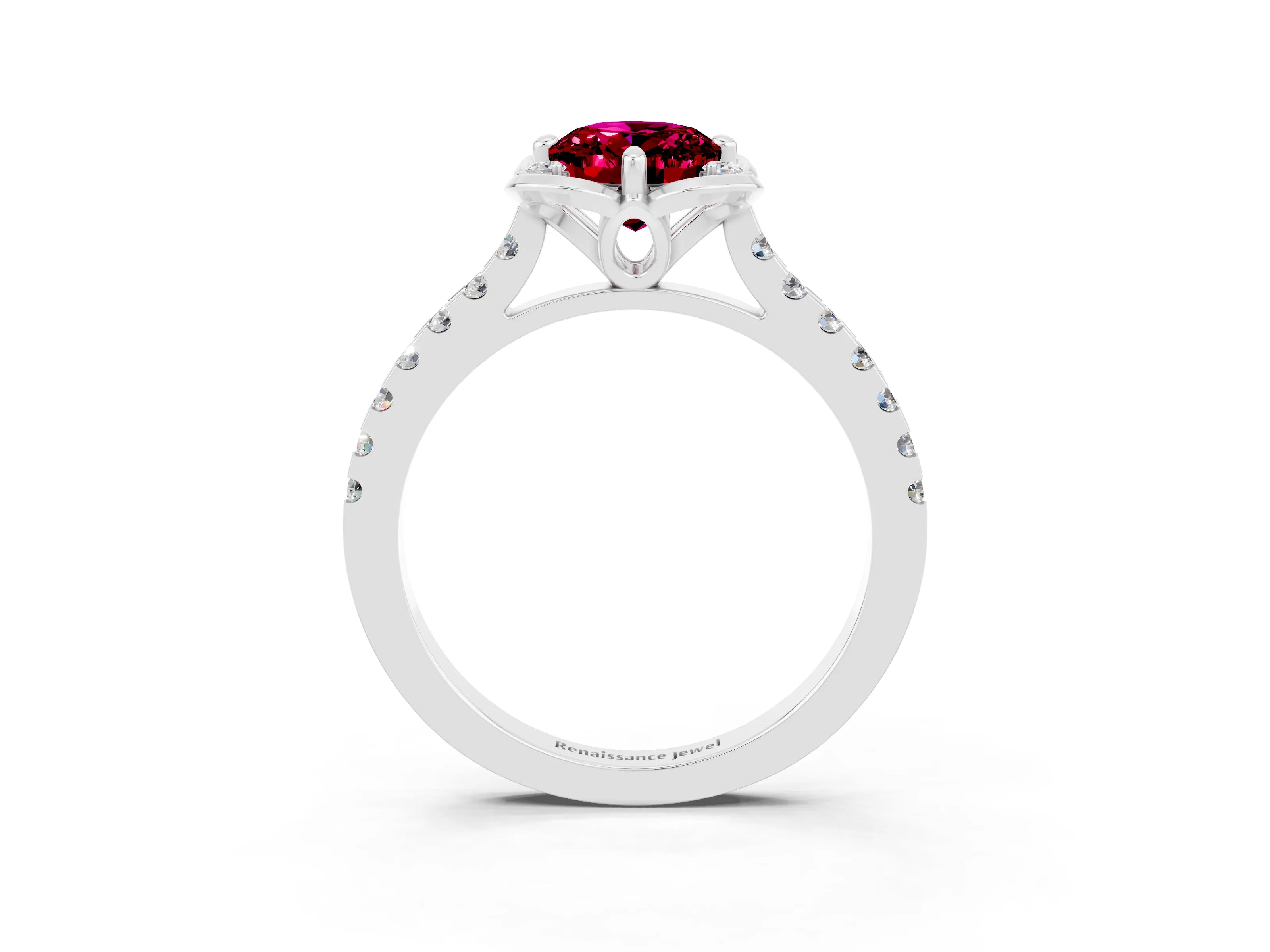 White gold Oval Cut Garnet Ring with Pavé Band and Floral Prong Setting_3