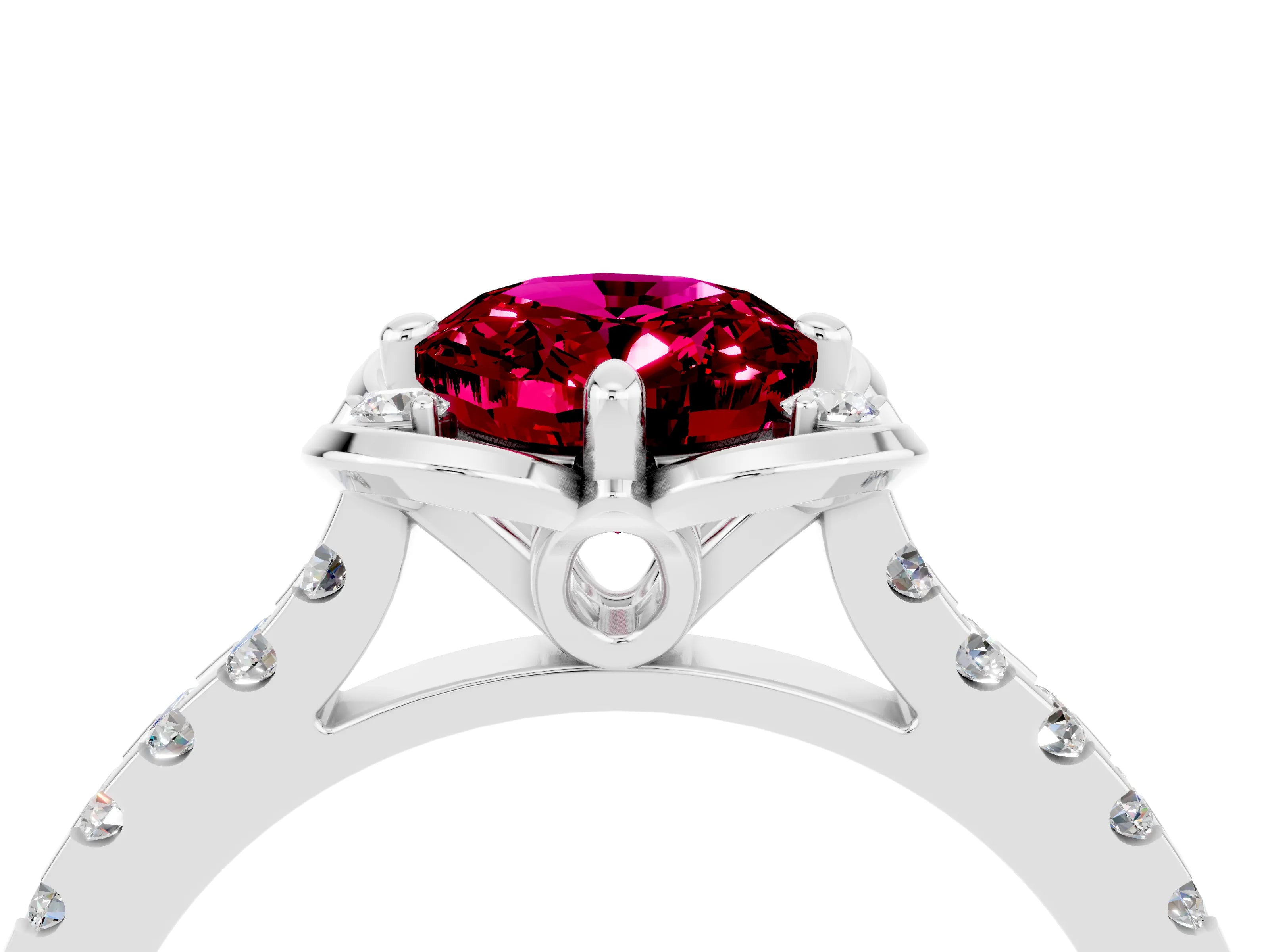 White gold Oval Cut Garnet Ring with Pavé Band and Floral Prong Setting_4