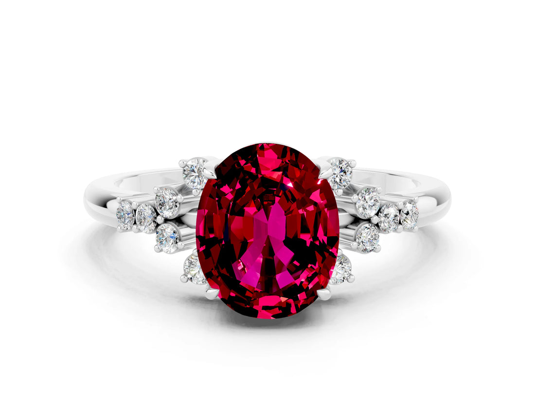 White gold Oval Cut Garnet Ring with Side Stones and Four-Prong Setting_96