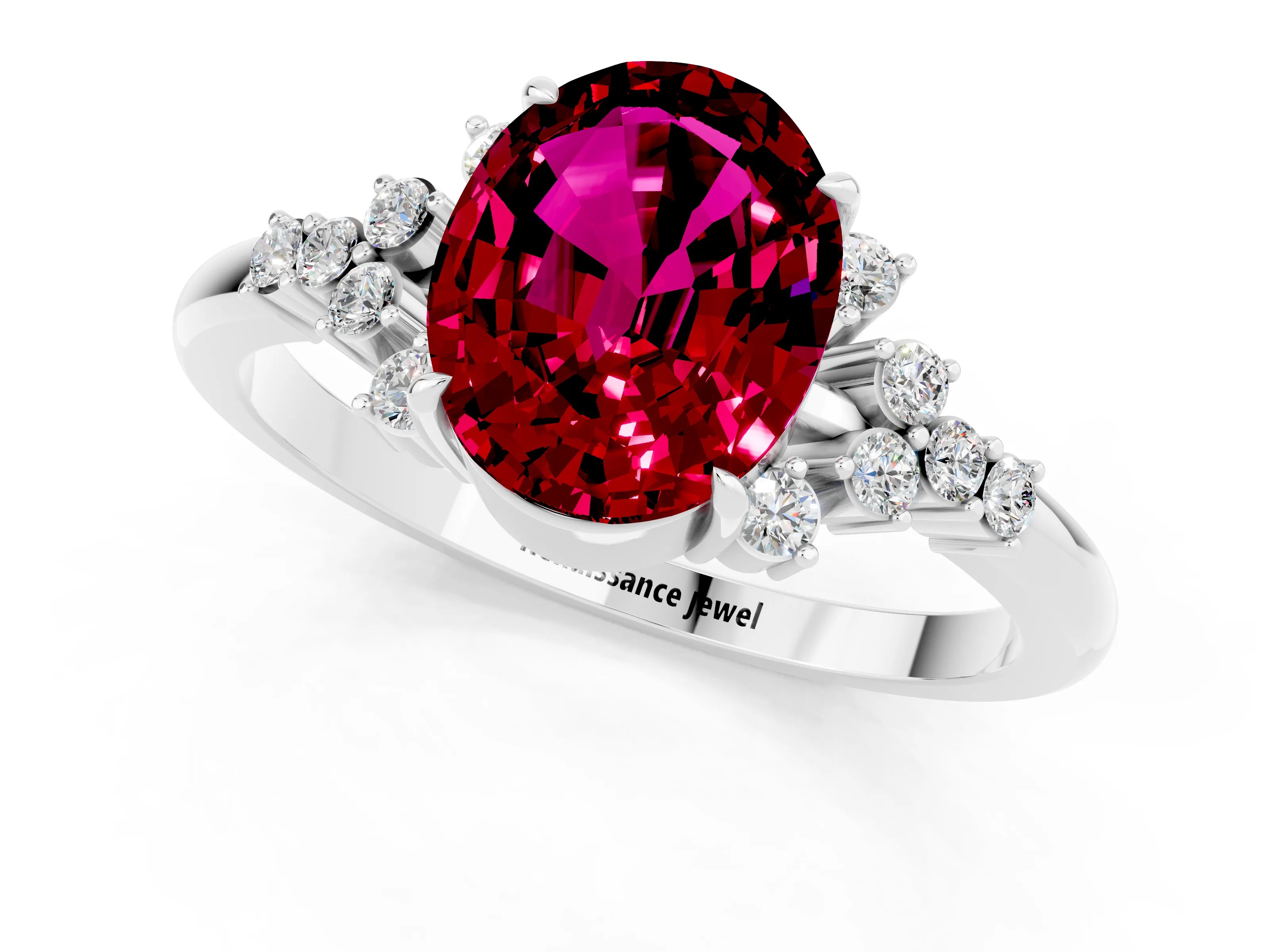 White gold Oval Cut Garnet Ring with Side Stones and Four-Prong Setting_97