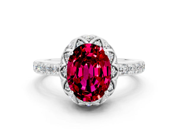 White gold Oval Cut Garnet Scalloped Halo Engagement Ring with Round Shared Prong Band