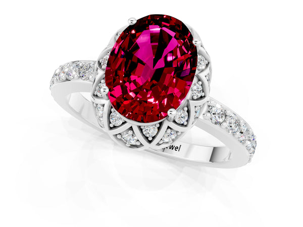Silver Oval Cut Garnet Scalloped Halo Engagement Ring with Round Shared Prong Band