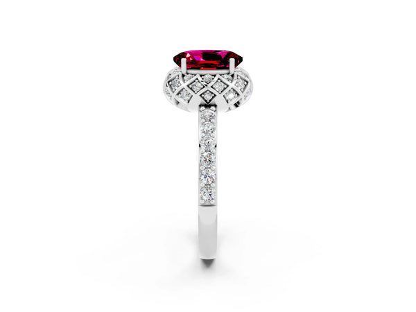Silver Oval Cut Garnet Scalloped Halo Engagement Ring with Round Shared Prong Band