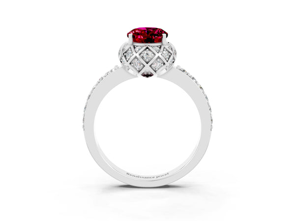 Platinum Oval Cut Garnet Scalloped Halo Engagement Ring with Round Shared Prong Band