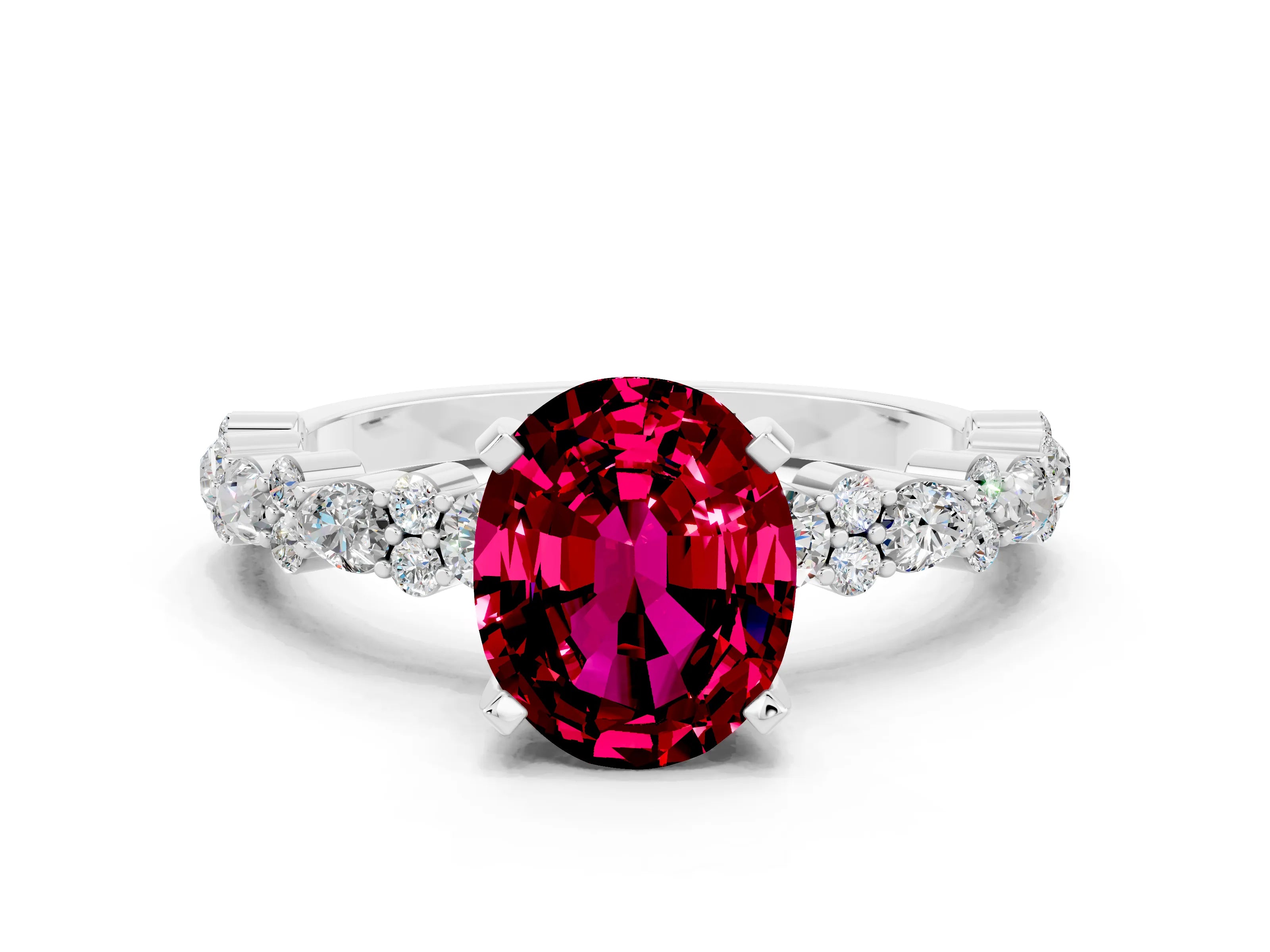 White gold Oval Cut Garnet Side Stone Solitaire Ring with Round  and Four-Prong Setting_48