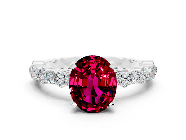 Silver Oval Cut Garnet Side Stone Solitaire Ring with Round  and Four-Prong Setting