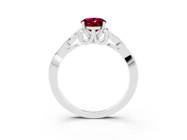 Platinum Oval Cut Garnet Solitaire Celtic Knot Ring with Four-Prong Setting