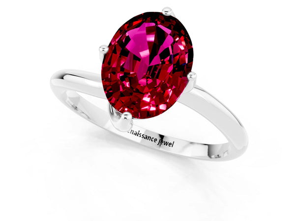 Silver Oval Cut Garnet Solitaire Engagement Ring with Four-Prong Setting and Classic Band