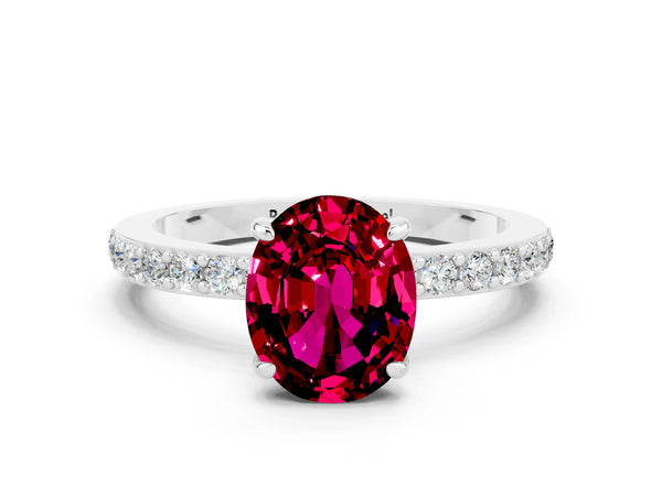 Platinum Oval Cut Garnet Solitaire Engagement Ring with Pavé Band and Four-Prong Setting