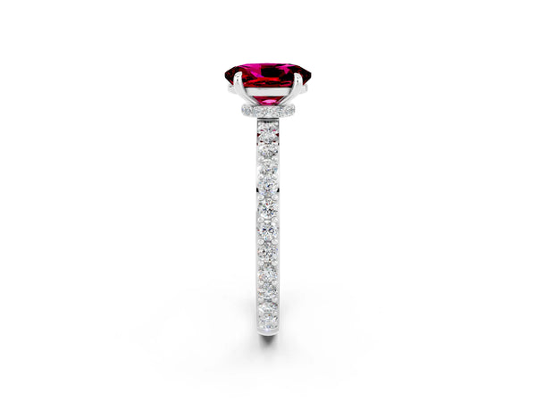 White gold Oval Cut Garnet Solitaire Engagement Ring with Pavé Band and Four-Prong Setting