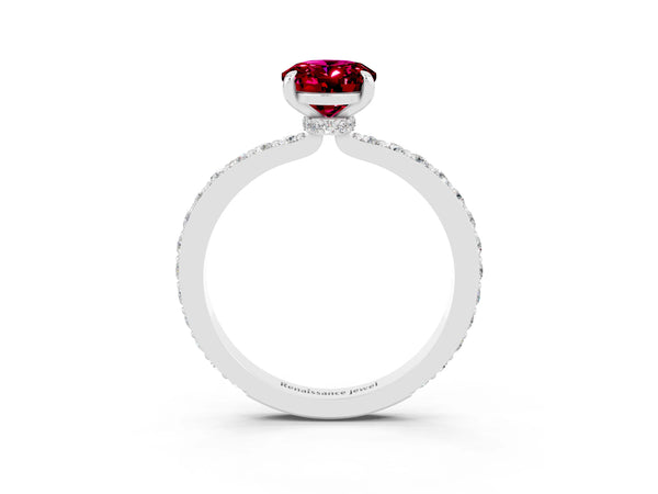 Platinum Oval Cut Garnet Solitaire Engagement Ring with Pavé Band and Four-Prong Setting