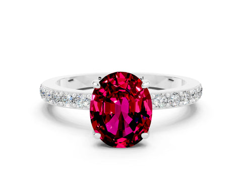 White gold Oval Cut Garnet Solitaire Engagement Ring with Pavé Band and Four-Prong Setting