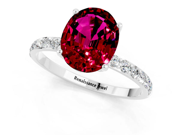 Platinum Oval Cut Garnet Solitaire Engagement Ring with Round  Pavé Band and Prong Setting