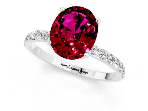 White gold Oval Cut Garnet Solitaire Engagement Ring with Pavé Band and Prong Setting_1
