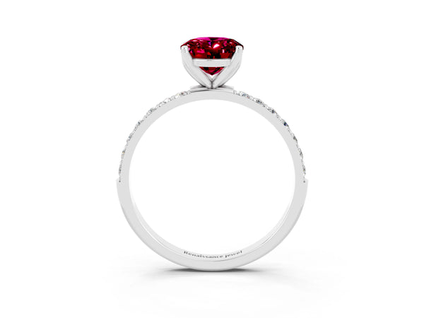White gold Oval Cut Garnet Solitaire Engagement Ring with Round  Pavé Band and Prong Setting
