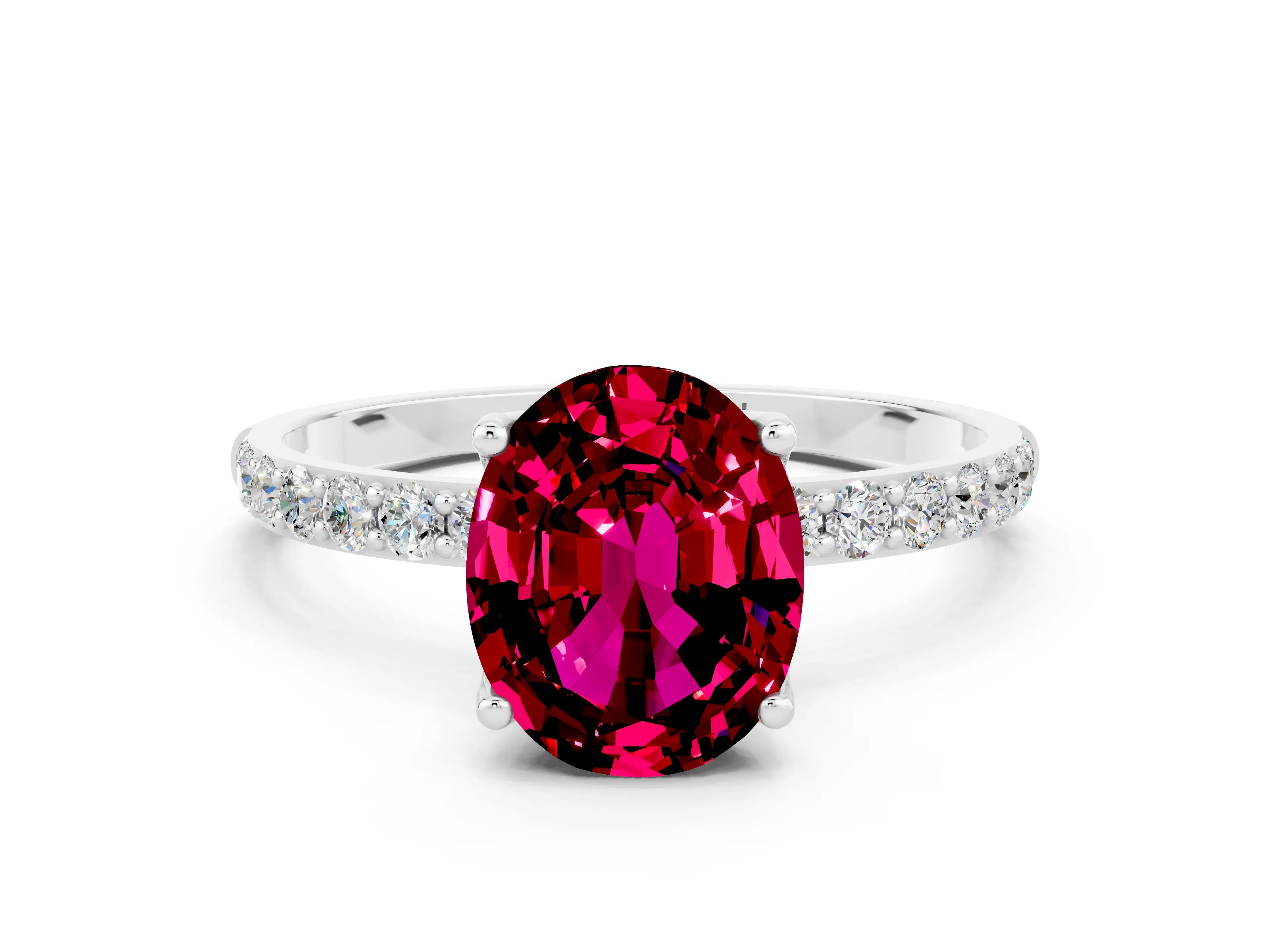 White gold Oval Cut Garnet Solitaire Engagement Ring with Pavé Band and Prong Setting