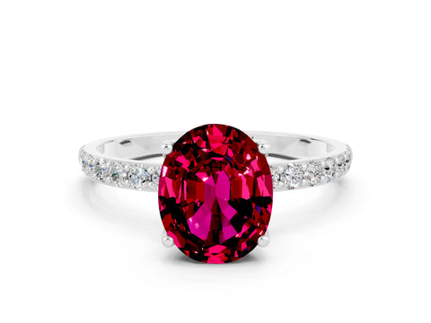 White gold Oval Cut Garnet Solitaire Engagement Ring with Pavé Band and Prong Setting