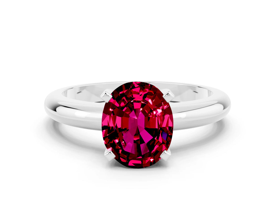 White gold Oval Cut Garnet Solitaire Engagement Ring with Round Band and Four-Prong Setting