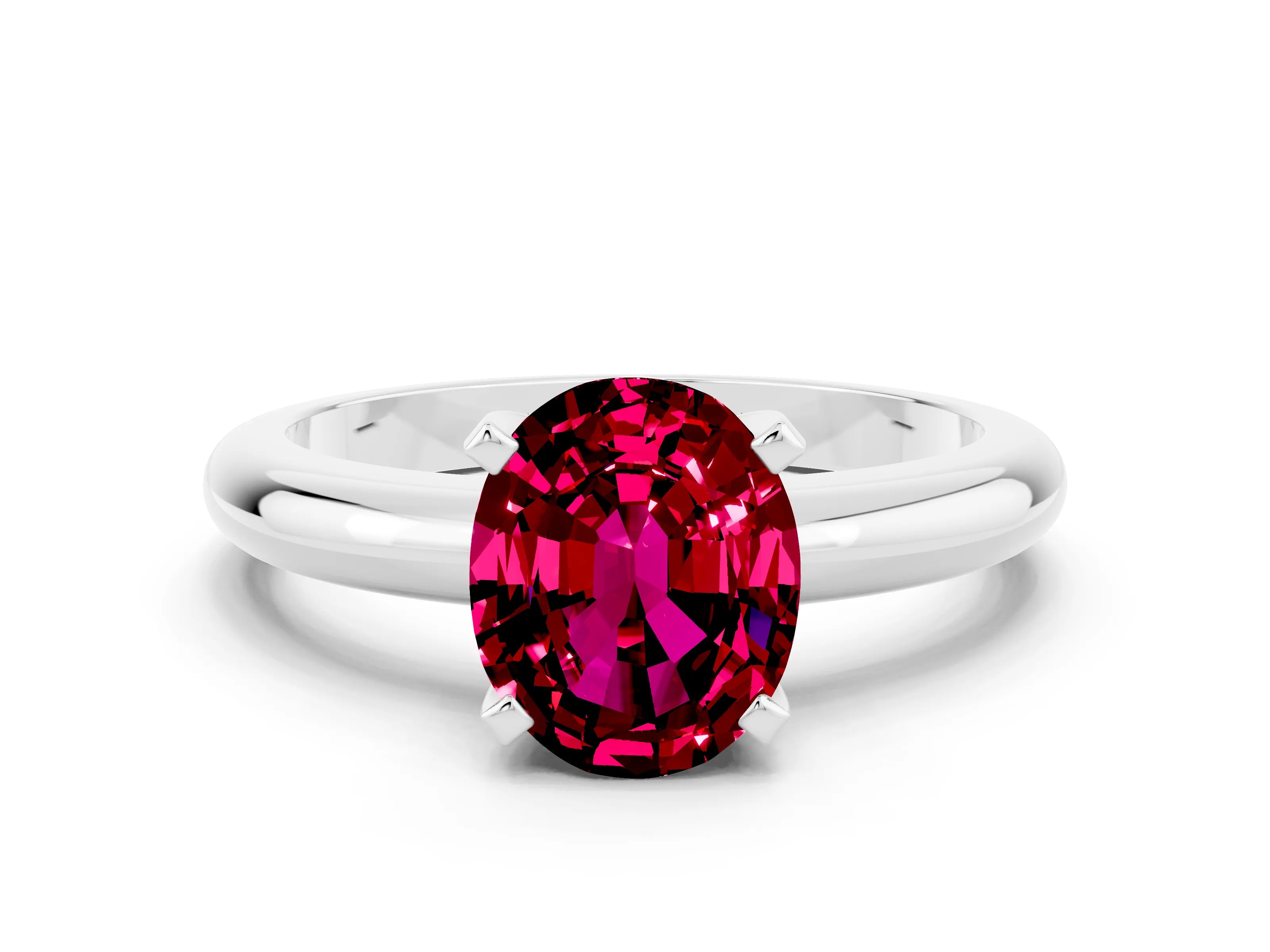 White gold Oval Cut Garnet Solitaire Engagement Ring with Round Band and Four-Prong Setting
