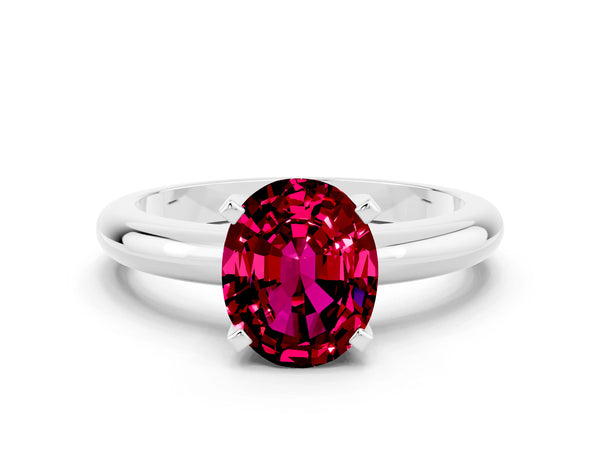 Silver Oval Cut Garnet Solitaire Engagement Ring with Round Band and Four-Prong Setting
