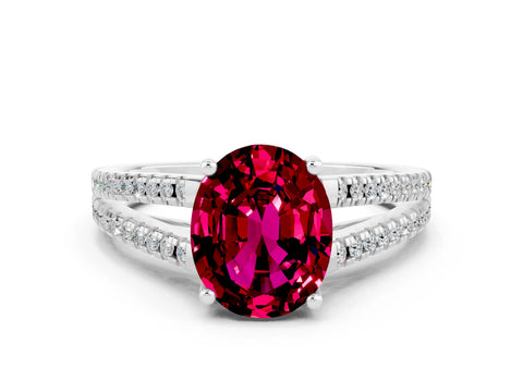 White gold Oval Cut Garnet Solitaire Engagement Ring with Split Shank Pavé Band
