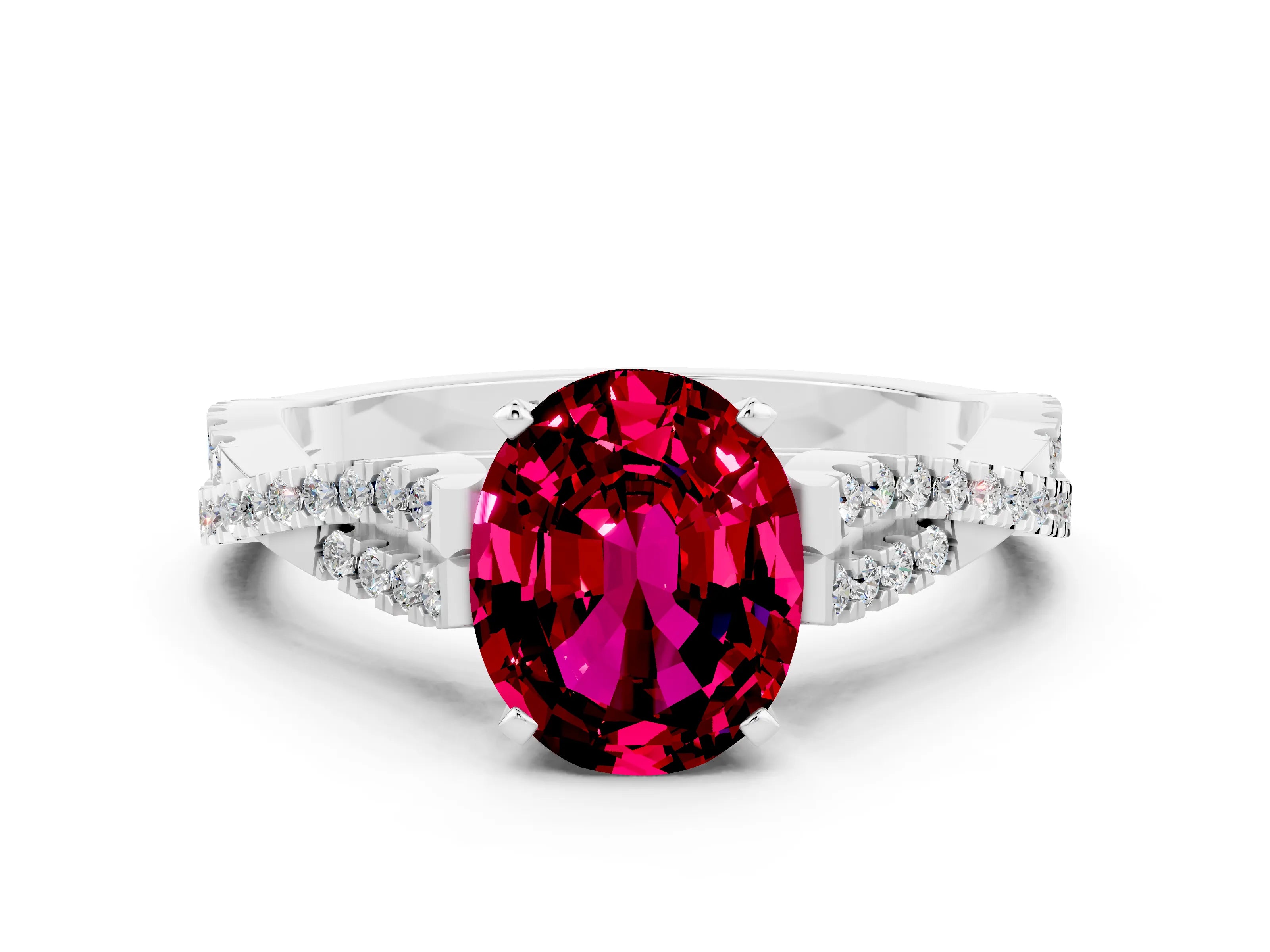 White gold Oval Cut Garnet Solitaire Engagement Ring with Twisted Pavé Band and Four-Prong Setting