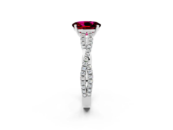 White gold Oval Cut Garnet Solitaire Engagement Ring with Twisted Pavé Band and Four-Prong Setting