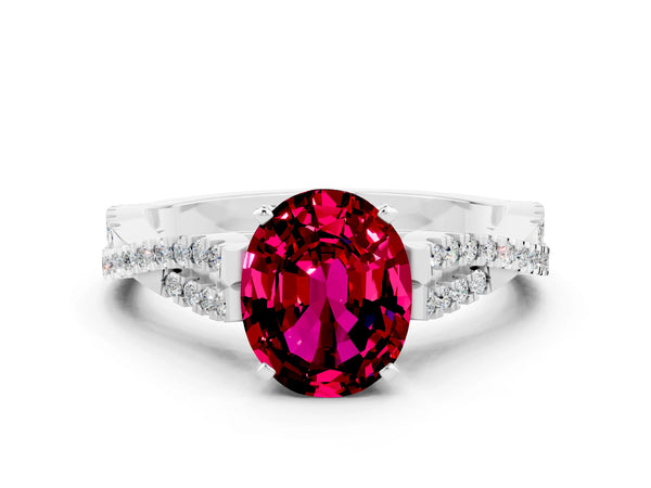 White gold Oval Cut Garnet Solitaire Engagement Ring with Twisted Pavé Band and Four-Prong Setting