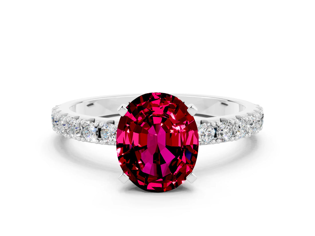 White gold Oval Cut Garnet Solitaire Pavé Band with Four-Prong Setting