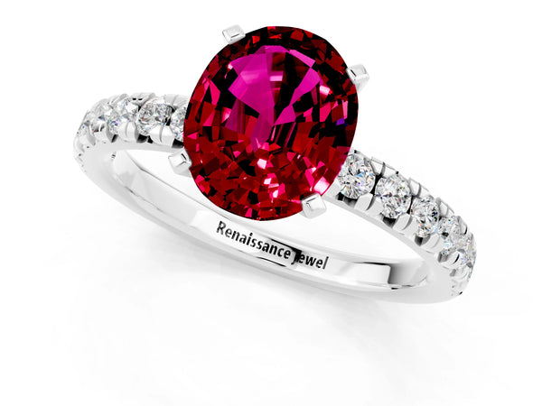 Platinum Oval Cut Garnet Solitaire Pavé Engagement Ring with Round Band and Prong Setting