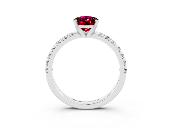 Platinum Oval Cut Garnet Solitaire Pavé Engagement Ring with Round Band and Prong Setting