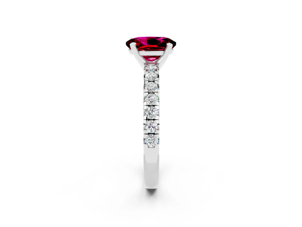 White gold Oval Cut Garnet Solitaire Pavé Engagement Ring with Round Band and Prong Setting