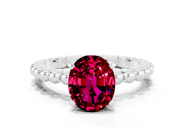 Platinum Oval Cut Garnet Solitaire Ring with Beaded Band and Prong Setting