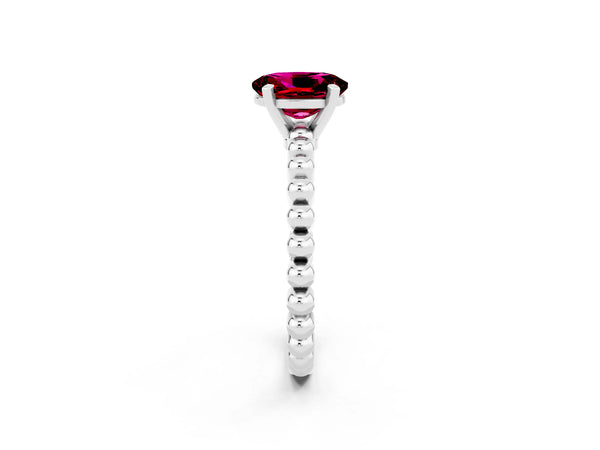 White gold Oval Cut Garnet Solitaire Ring with Beaded Band and Prong Setting