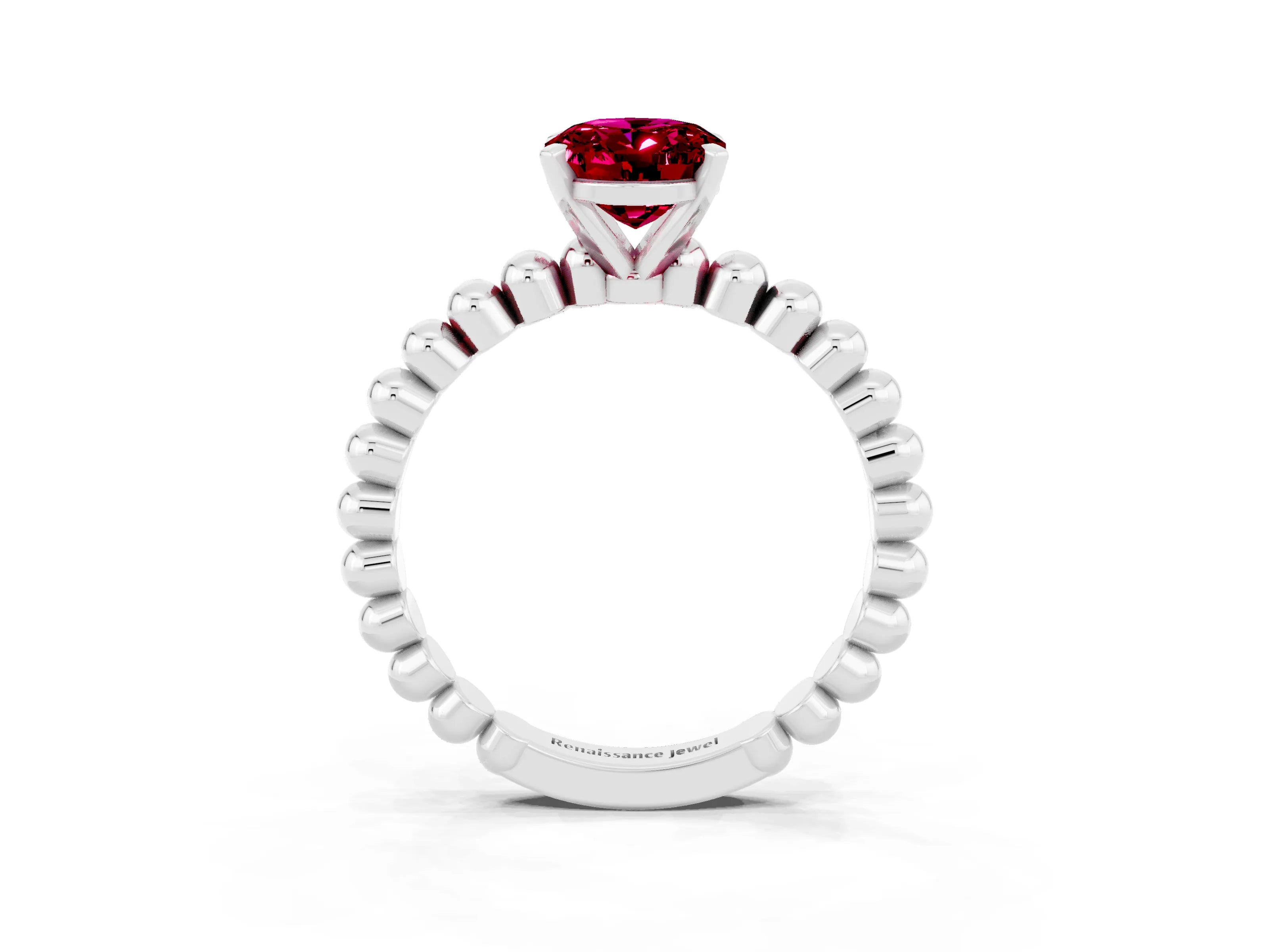 White gold Oval Cut Garnet Solitaire Ring with Beaded Band and Prong Setting_3