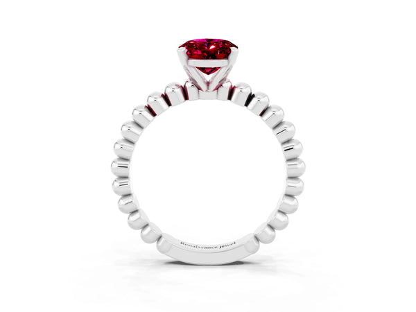 Silver Oval Cut Garnet Solitaire Ring with Beaded Band and Prong Setting