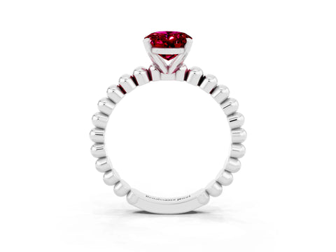 White gold Oval Cut Garnet Solitaire Ring with Beaded Band and Prong Setting_3