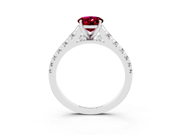 White gold Oval Cut Garnet Cathedral Solitaire Ring with Round  Pavé Band