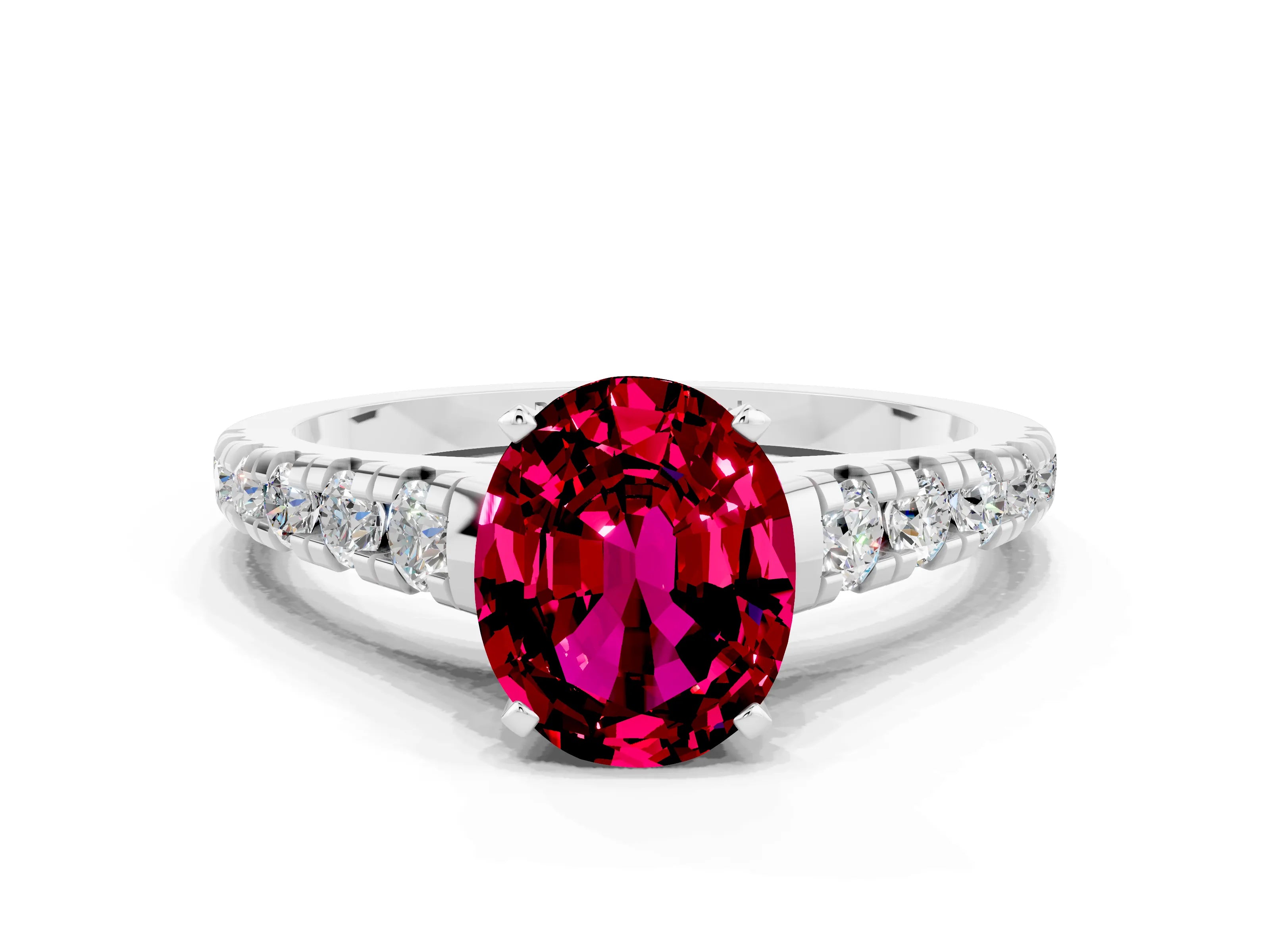 White gold Oval Cut Garnet Solitaire Ring with Cathedral Setting and Pavé Band