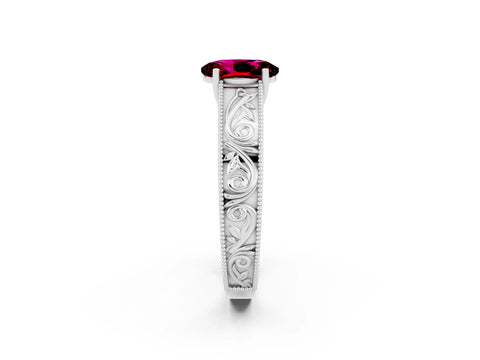 White gold Oval Cut Garnet Solitaire Ring with Engraved Band and Four-Prong Setting_2