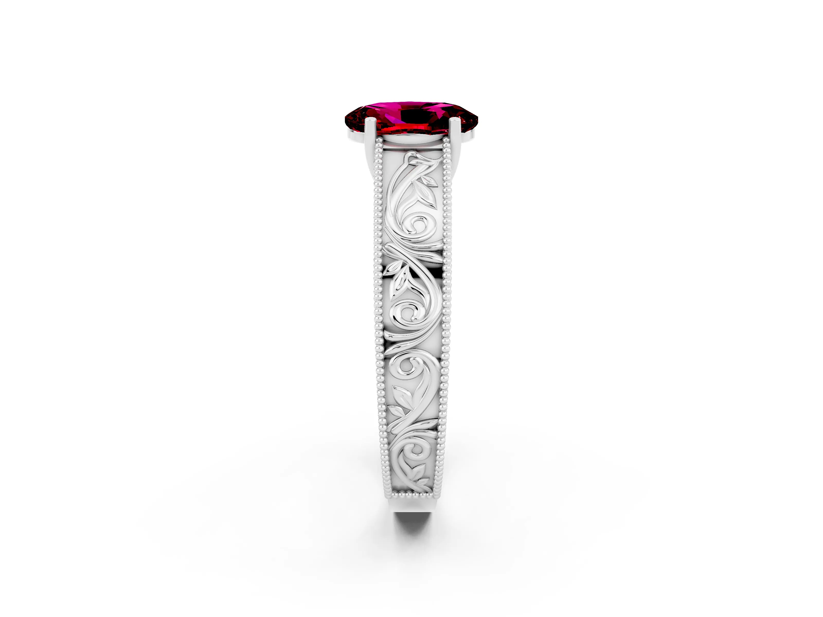 White gold Oval Cut Garnet Solitaire Ring with Engraved Band and Four-Prong Setting_2