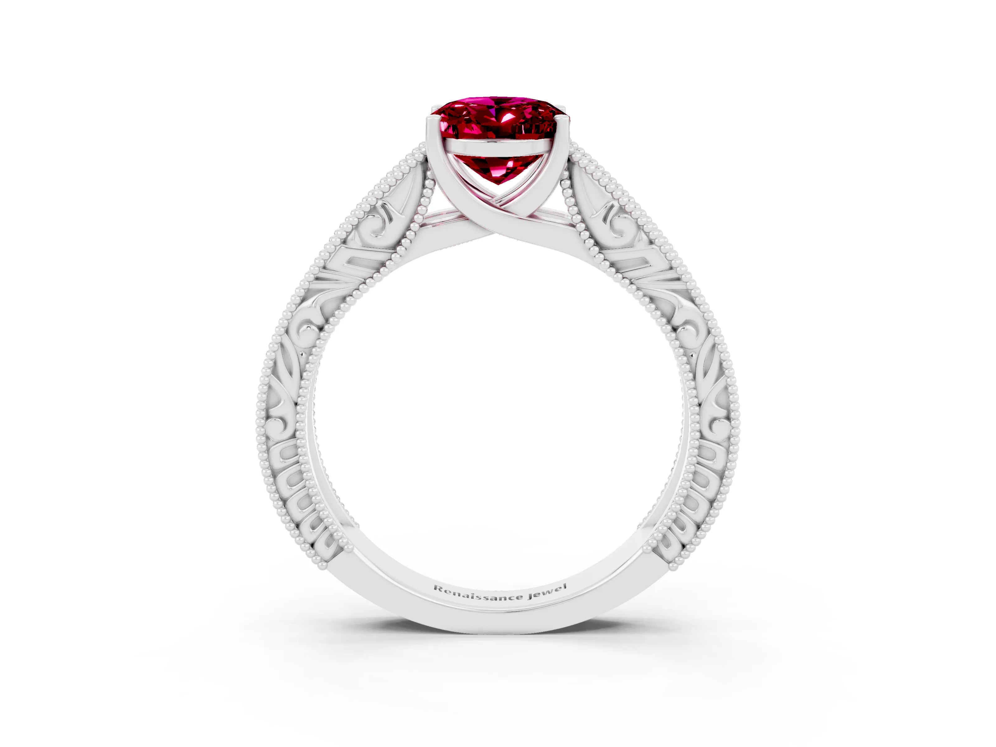 White gold Oval Cut Garnet Solitaire Ring with Engraved Band and Four-Prong Setting_3