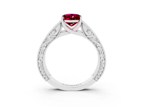 White gold Oval Cut Garnet Solitaire Ring with Engraved Band and Four-Prong Setting_3