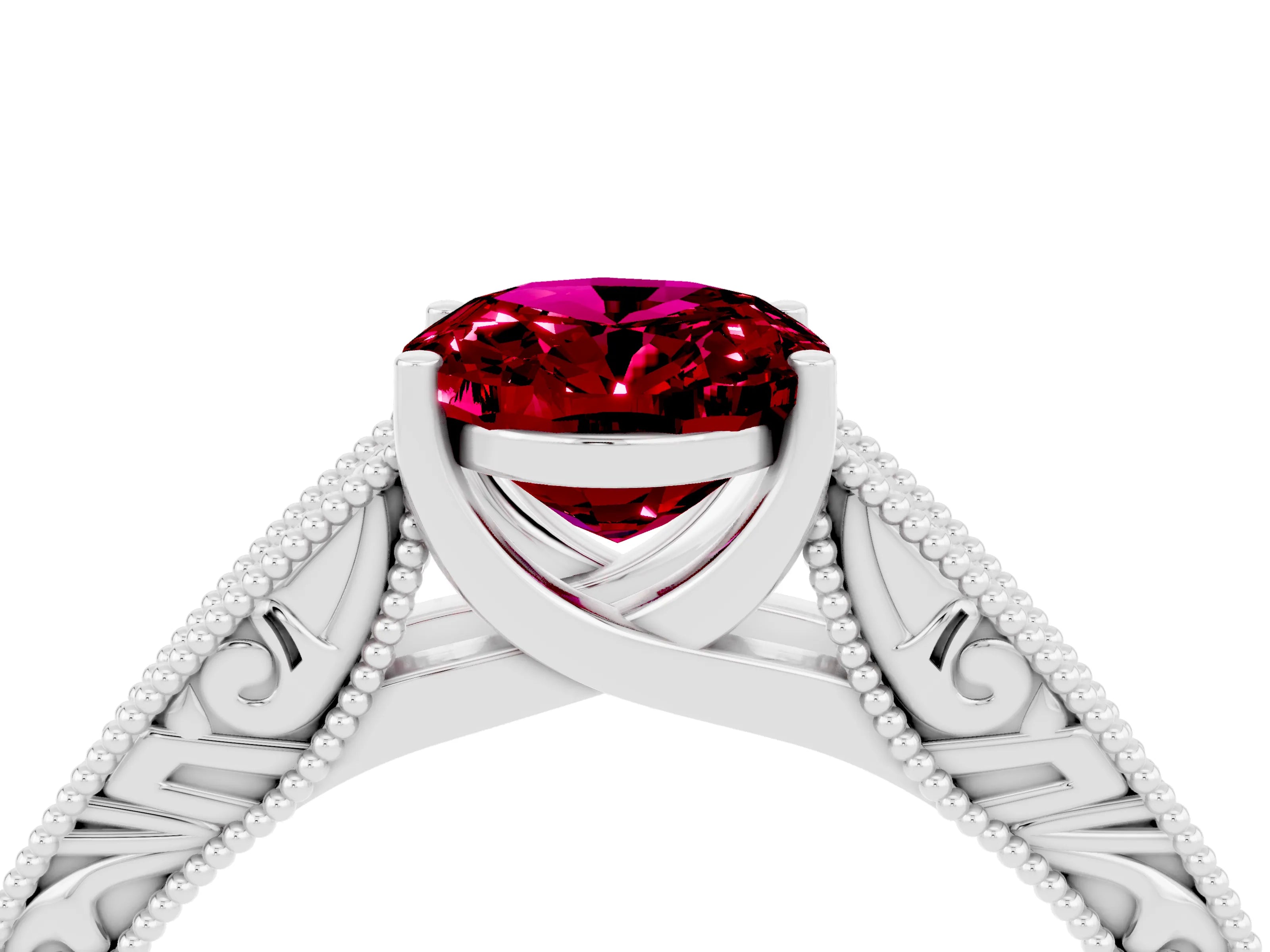 White gold Oval Cut Garnet Solitaire Ring with Engraved Band and Four-Prong Setting_4