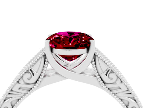 White gold Oval Cut Garnet Solitaire Ring with Engraved Band and Four-Prong Setting_4