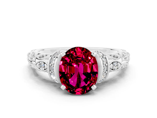 Platinum Oval Cut Garnet Solitaire Ring with Filigree Band and Four-Prong Setting